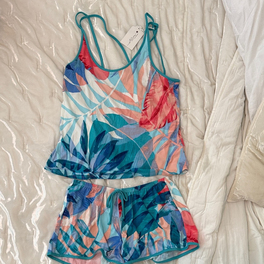 Women’s Tropical Print Sleep Tank & Shorts Set - Teal Multi